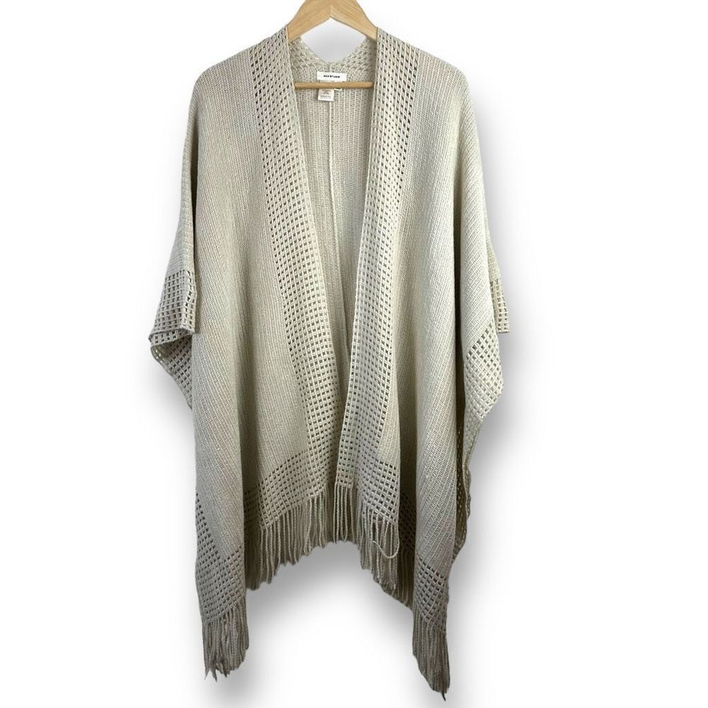 Max Studio Womens Open Front‎ Oversized Wrap Sweater Beige Knit Fringe Lagenlook